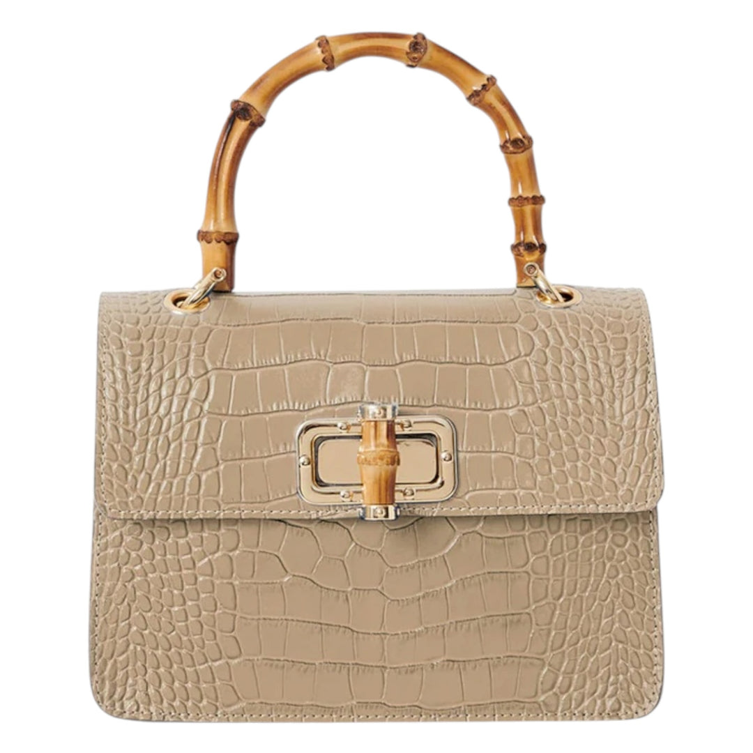 Leather Croc Embossed Square Mini Bag with Bamboo Handle Light Taupe