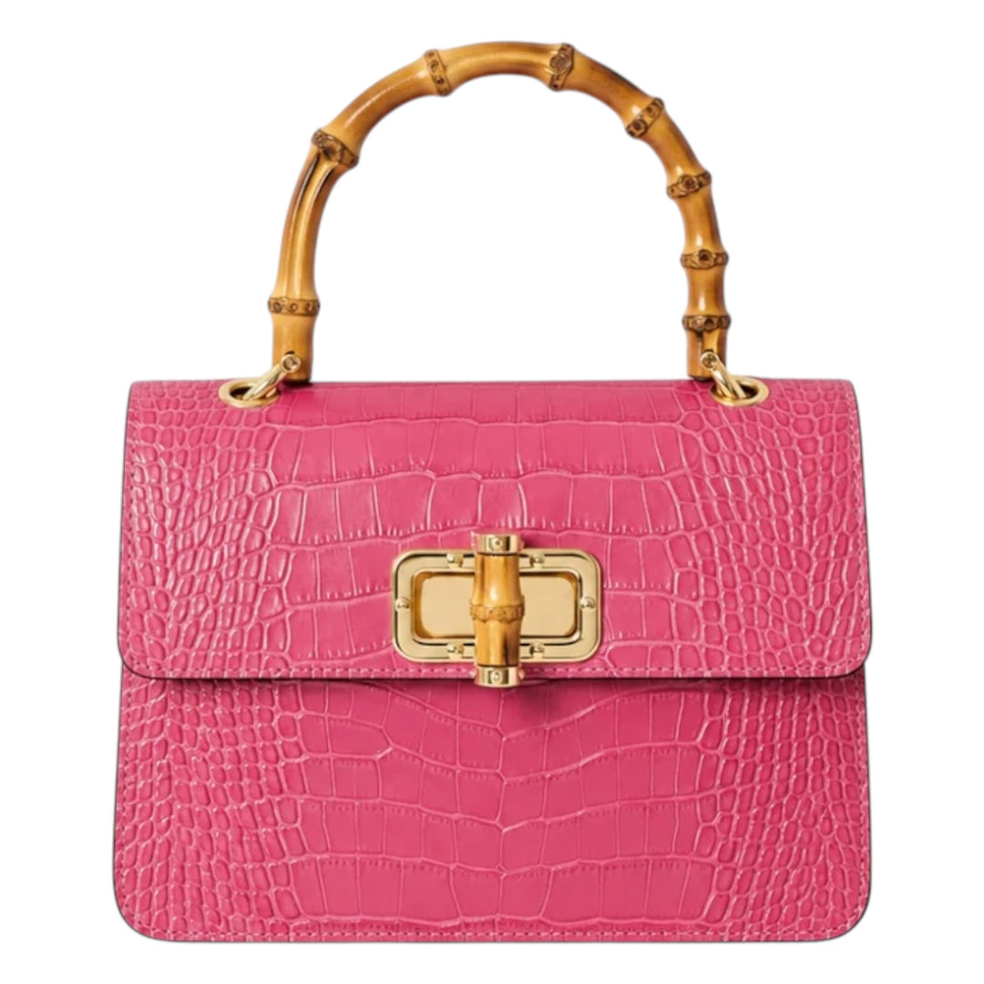 Leather Croc Embossed Square Mini Bag with Bamboo Handle Fuchsia