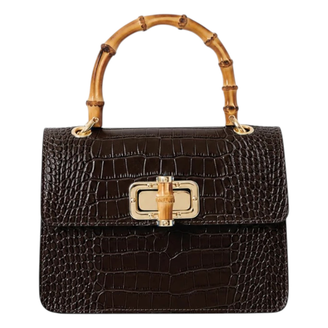 Leather Croc Embossed Square Mini Bag with Bamboo Handle Dark Chocolate