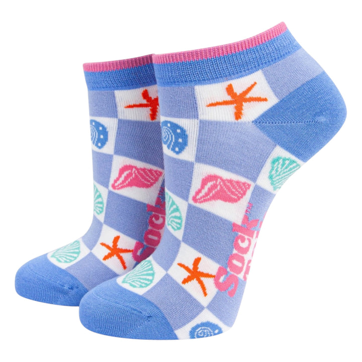 MSH Bamboo Seashell Checkerboard Trainer Socks Blue