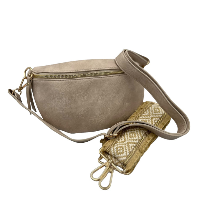 Vegan Leather Half Moon Crossbody Bag Beige