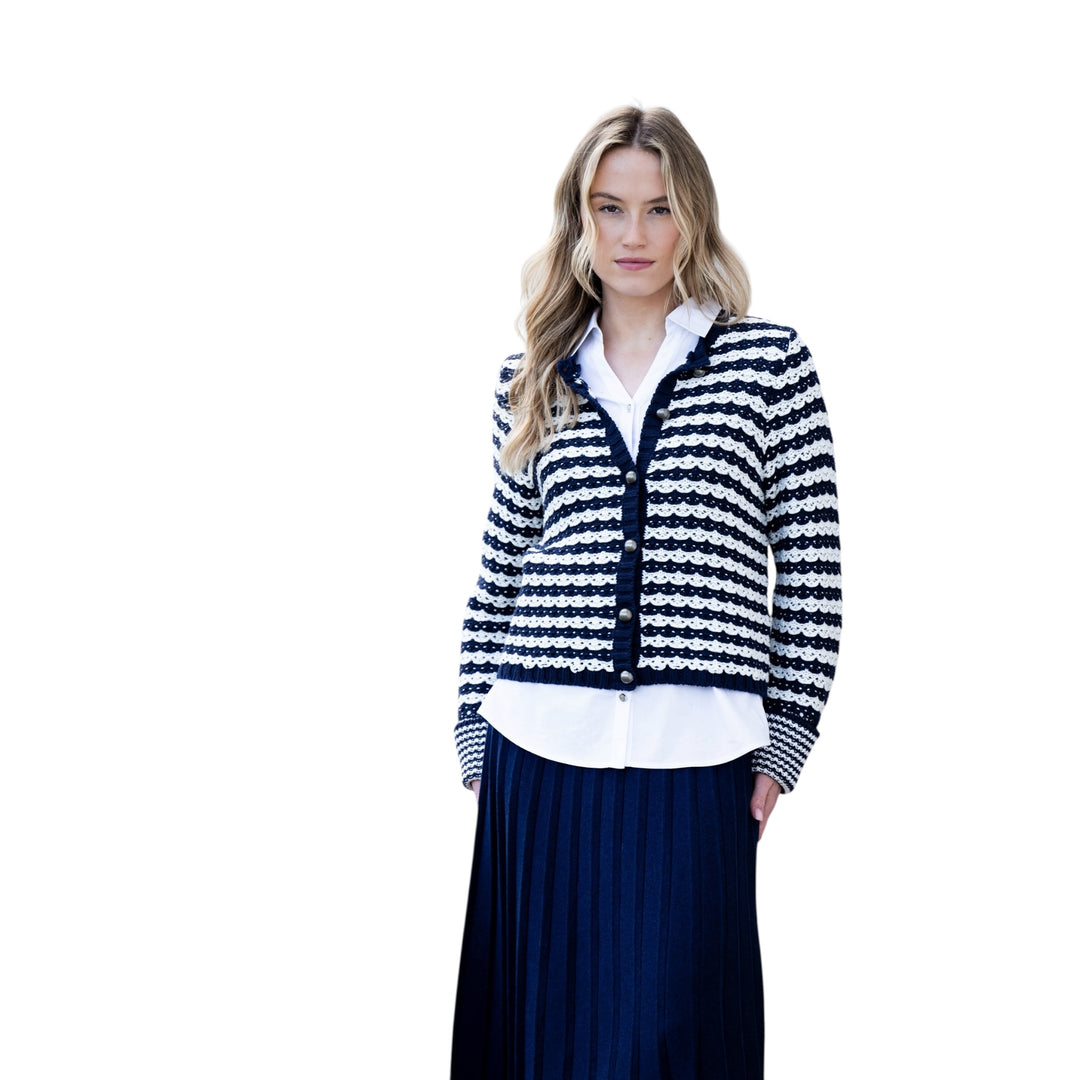 Marble Chunky Knit Striped Cardigan Navy