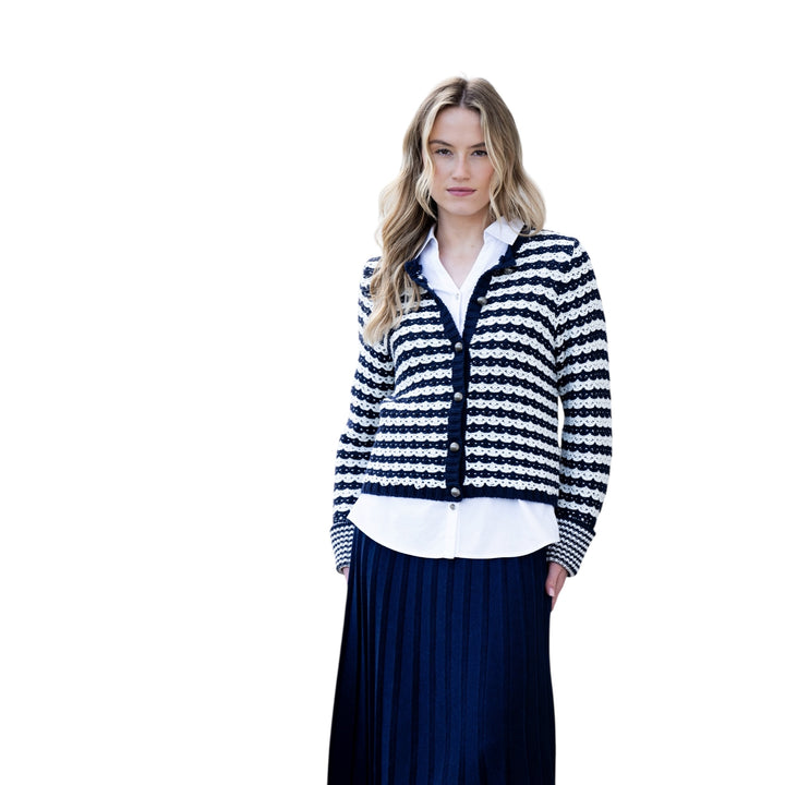 Marble Chunky Knit Striped Cardigan Navy