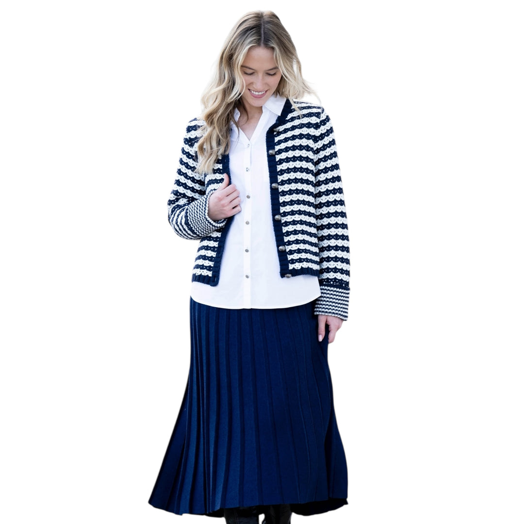 Marble Chunky Knit Striped Cardigan Navy