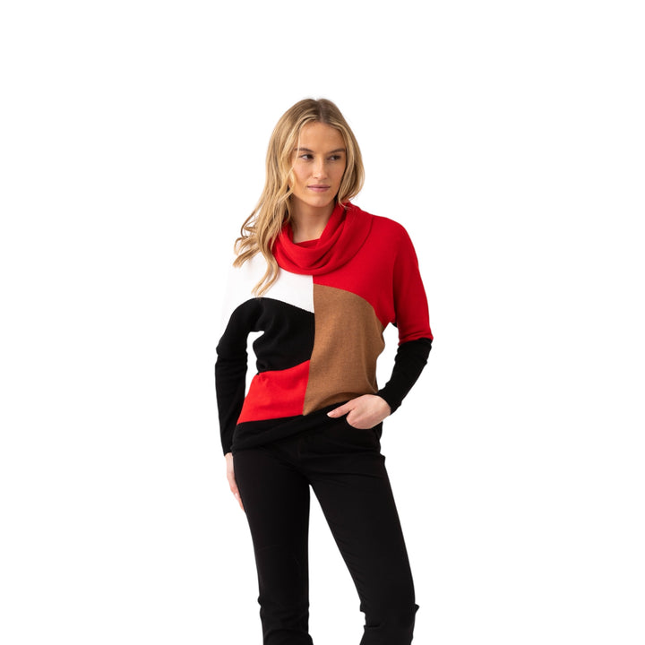 Marble Cowl Neck Colourblock Sweater Red