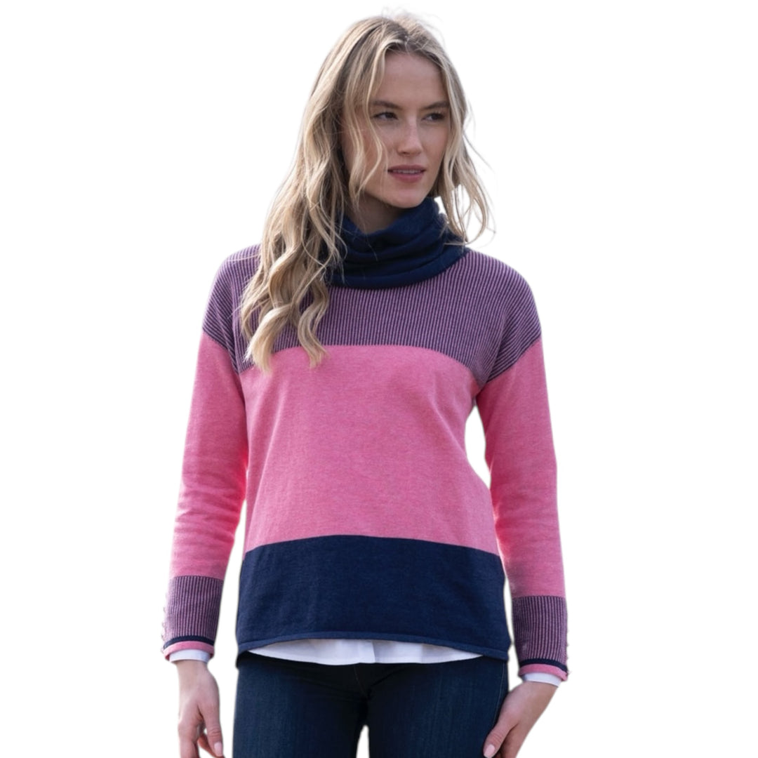 Marble Cowl Neck Striped Sweater Pink