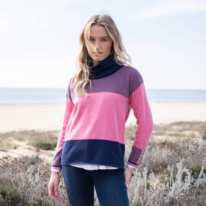 Marble Cowl Neck Striped Sweater Pink