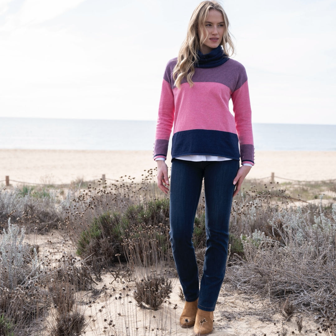 Marble Cowl Neck Striped Sweater Pink