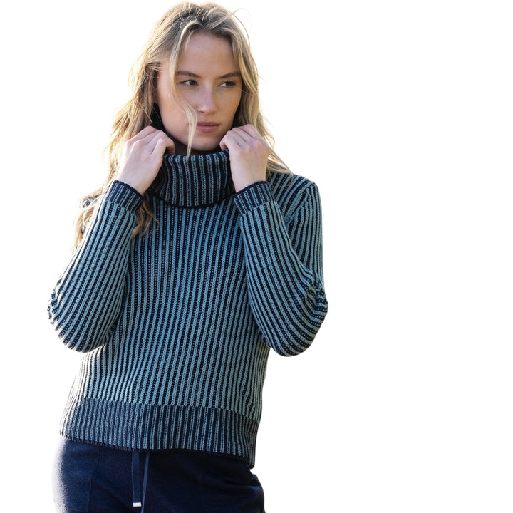Marble Cowl Neck Fine Striped Sweater Seafoam