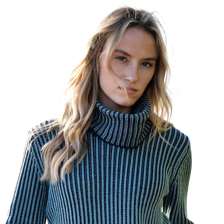 Marble Cowl Neck Fine Striped Sweater Seafoam
