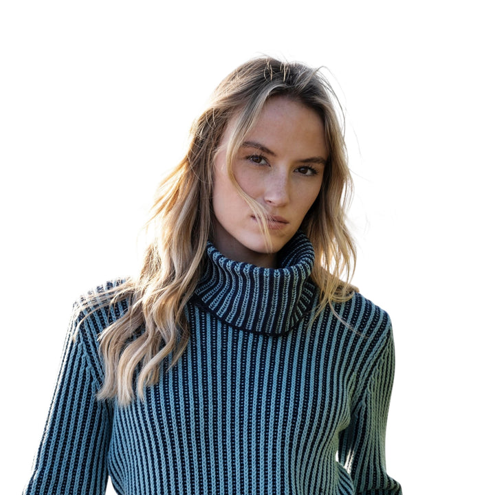 Marble Cowl Neck Fine Striped Sweater Seafoam