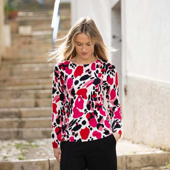 Marble Round Neck Printed Sweater Pink and Red