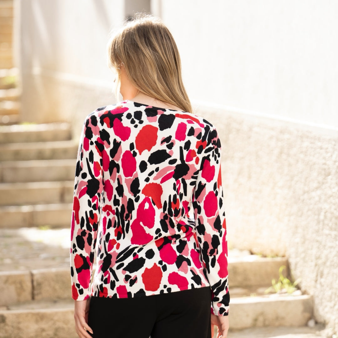 Marble Round Neck Printed Sweater Pink and Red