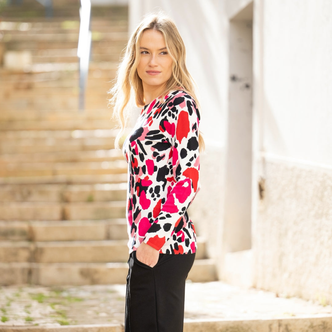Marble Round Neck Printed Sweater Pink and Red