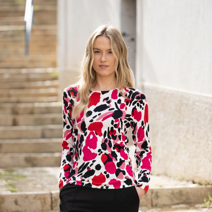 Marble Round Neck Printed Sweater Pink and Red