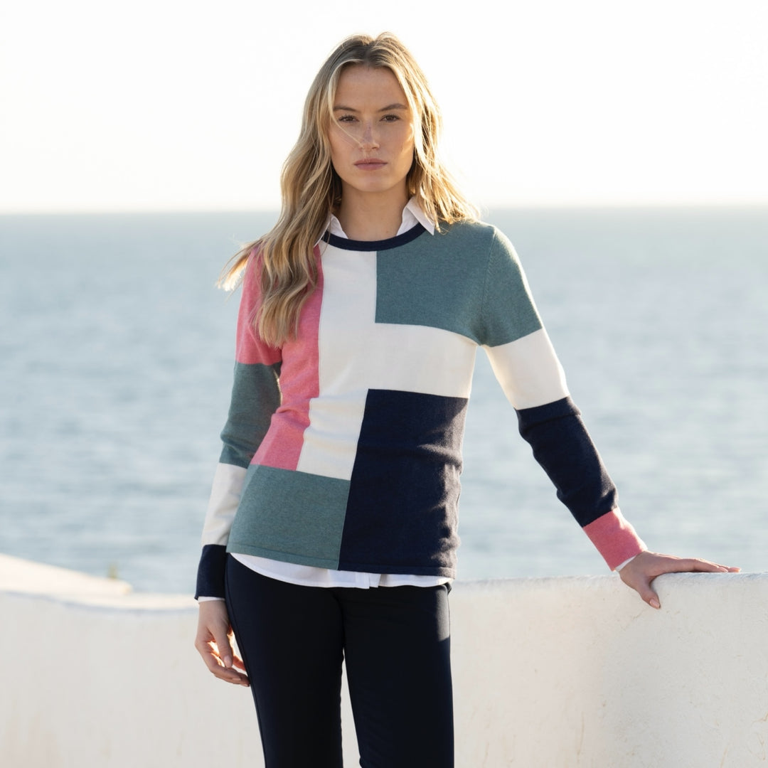 Marble Round Neck Sweater Pink and Seafoam