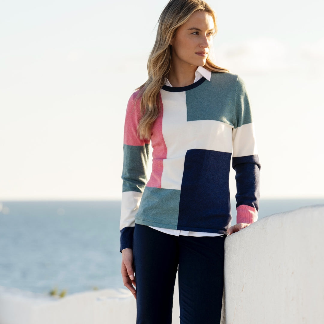 Marble Round Neck Sweater Pink and Seafoam