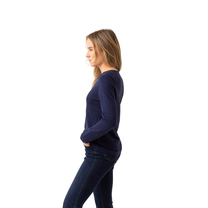 Marble Round Neck Sweater with Ribbed Hem Navy