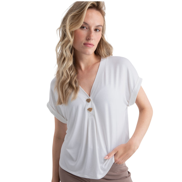 Marble V Neck Top with Button White