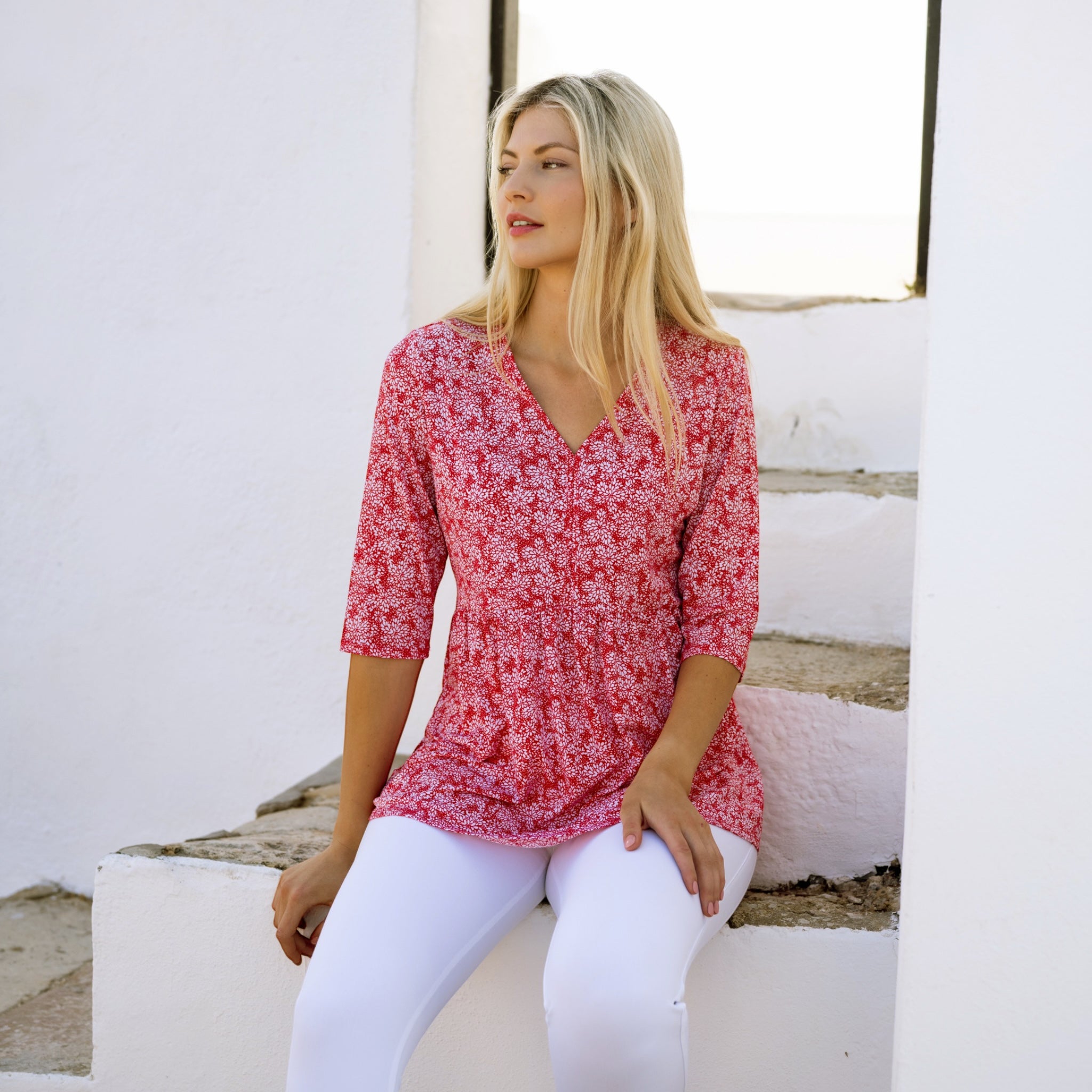 Marble V Neck Tunic Red