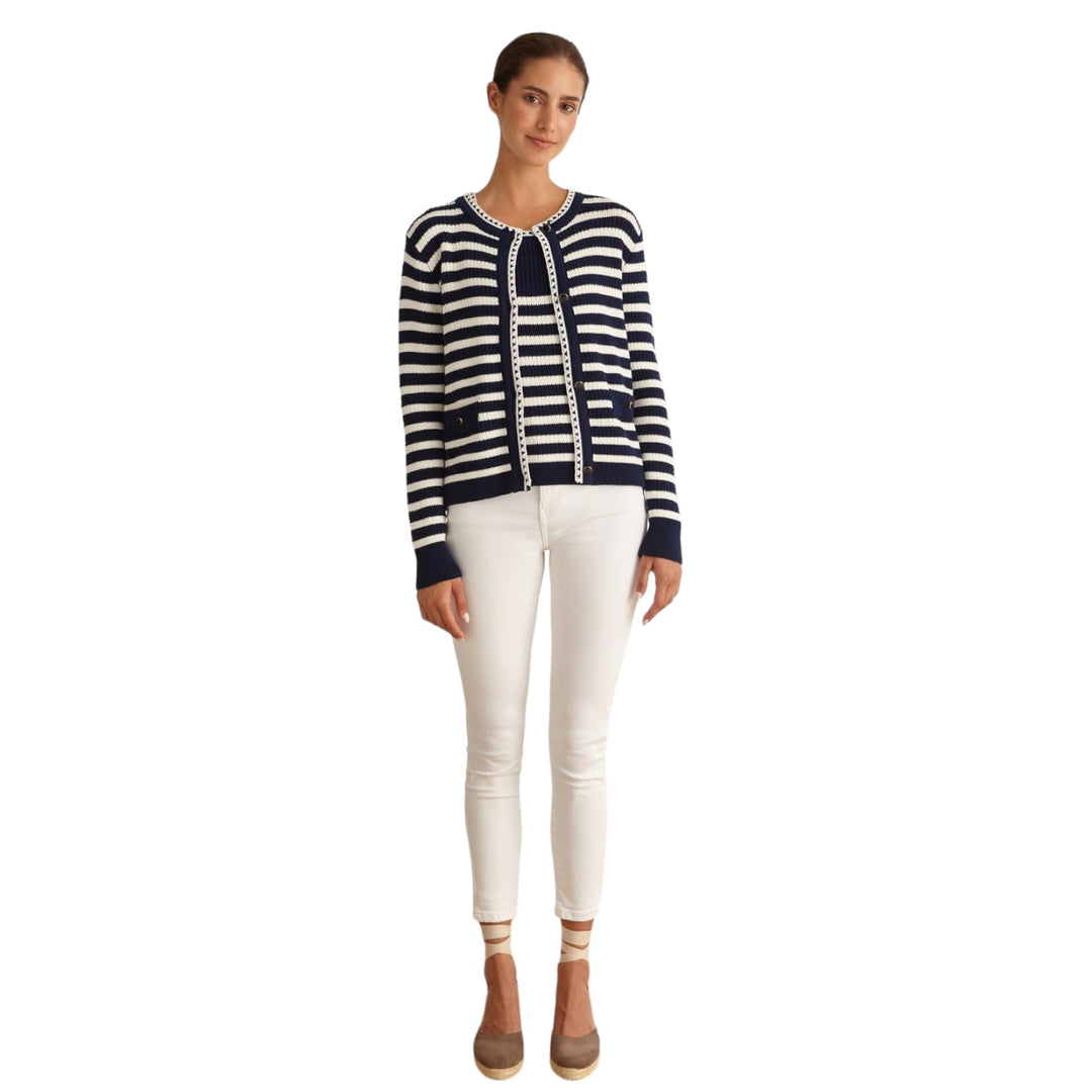 Marina V Striped Knit Cardigan Navy