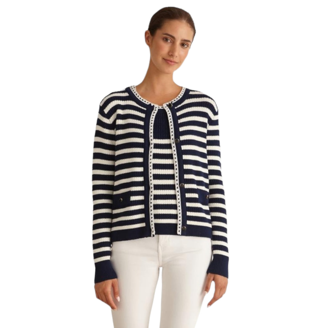 Marina V Striped Knit Cardigan Navy