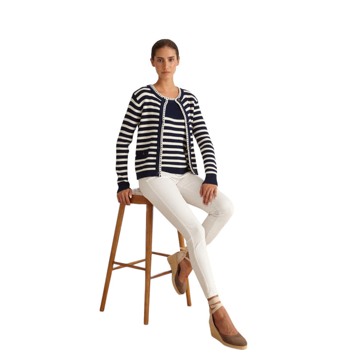 Marina V Striped Knit Cardigan Navy