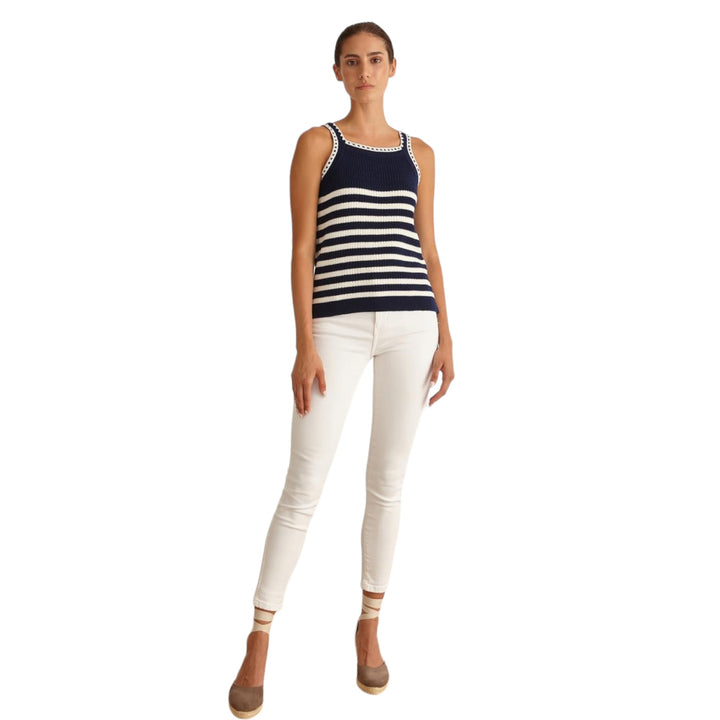 Marina V Striped Knit Tank Top Navy