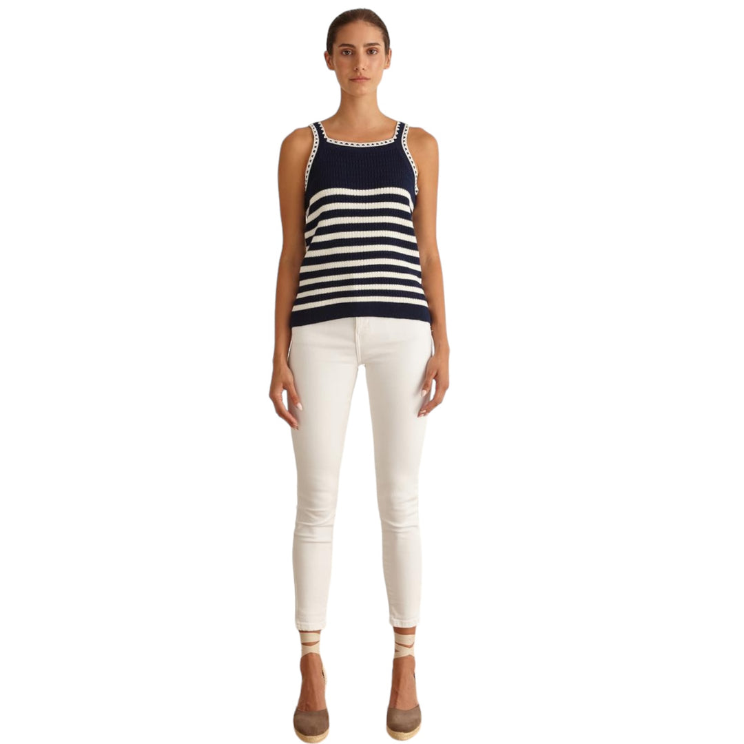 Marina V Striped Knit Tank Top Navy