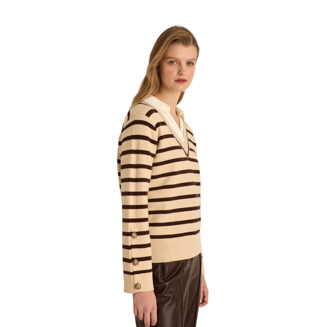 Marina V V Neck Striped Sweater Beige