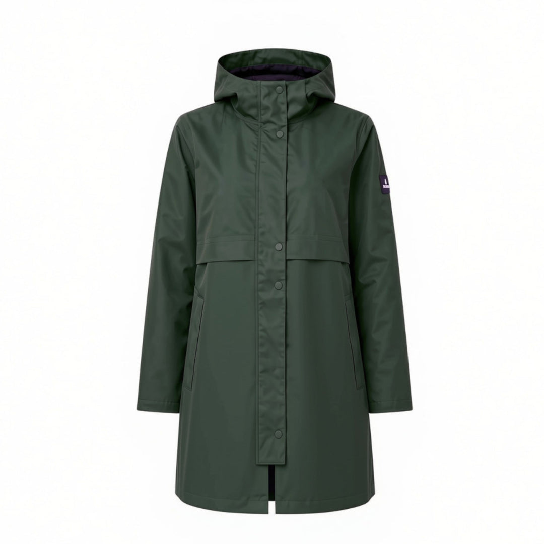 A dark green hooded raincoat with a concealed zip front closure and side pockets, shown on a plain white background.