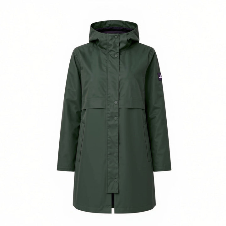 A dark green hooded raincoat with a concealed zip front closure and side pockets, shown on a plain white background.