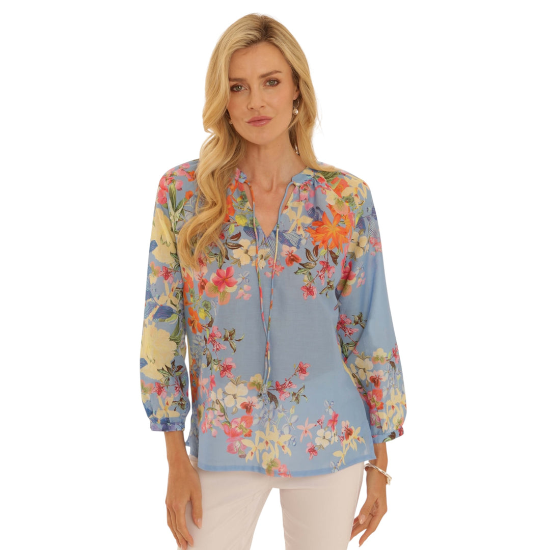 Pomodoro Tropical Flower Blouse Mid Blue