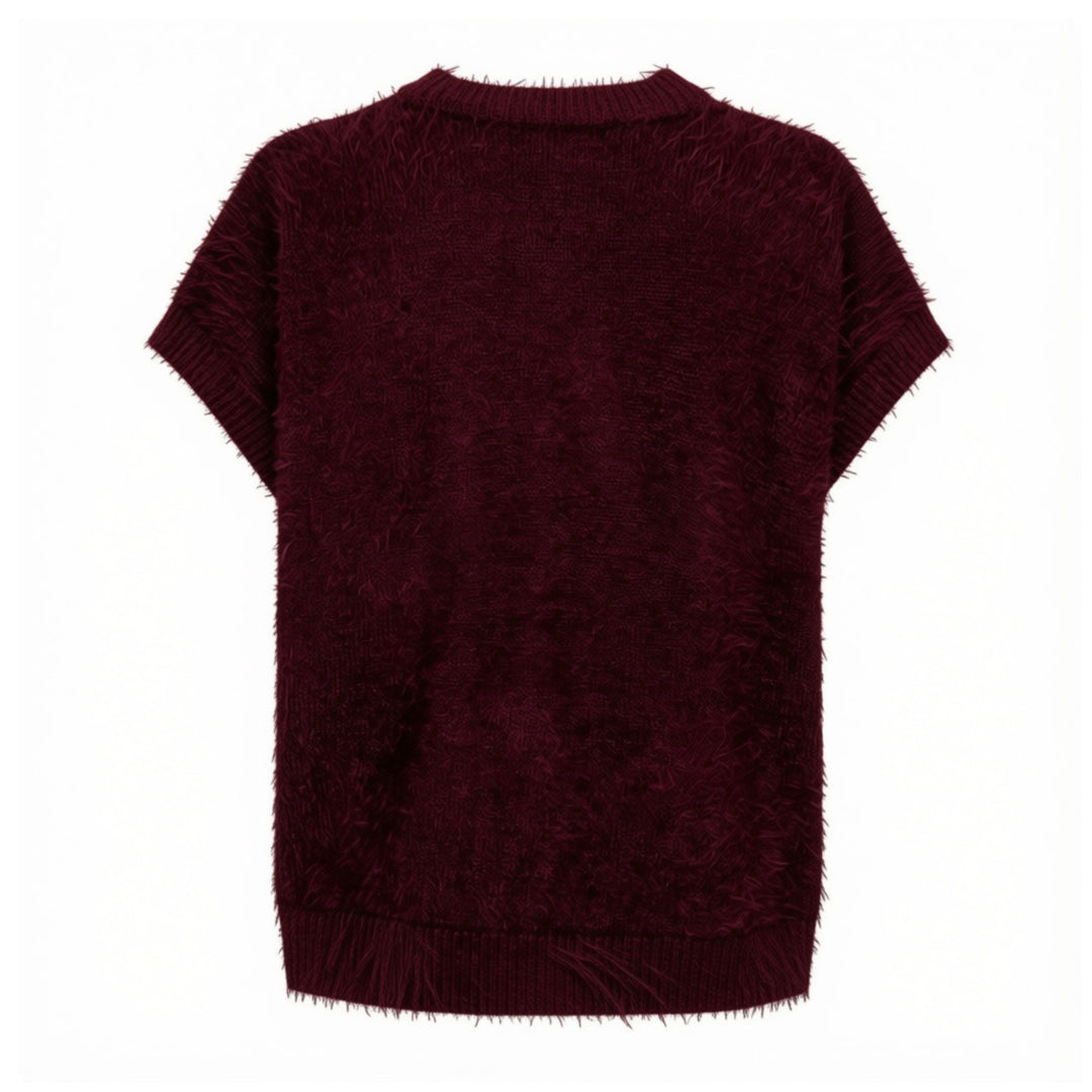 A short-sleeve fuzzy knit sweater in a deep burgundy color, shown from the back against a plain white background.