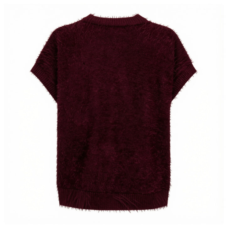 A short-sleeve fuzzy knit sweater in a deep burgundy color, shown from the back against a plain white background.
