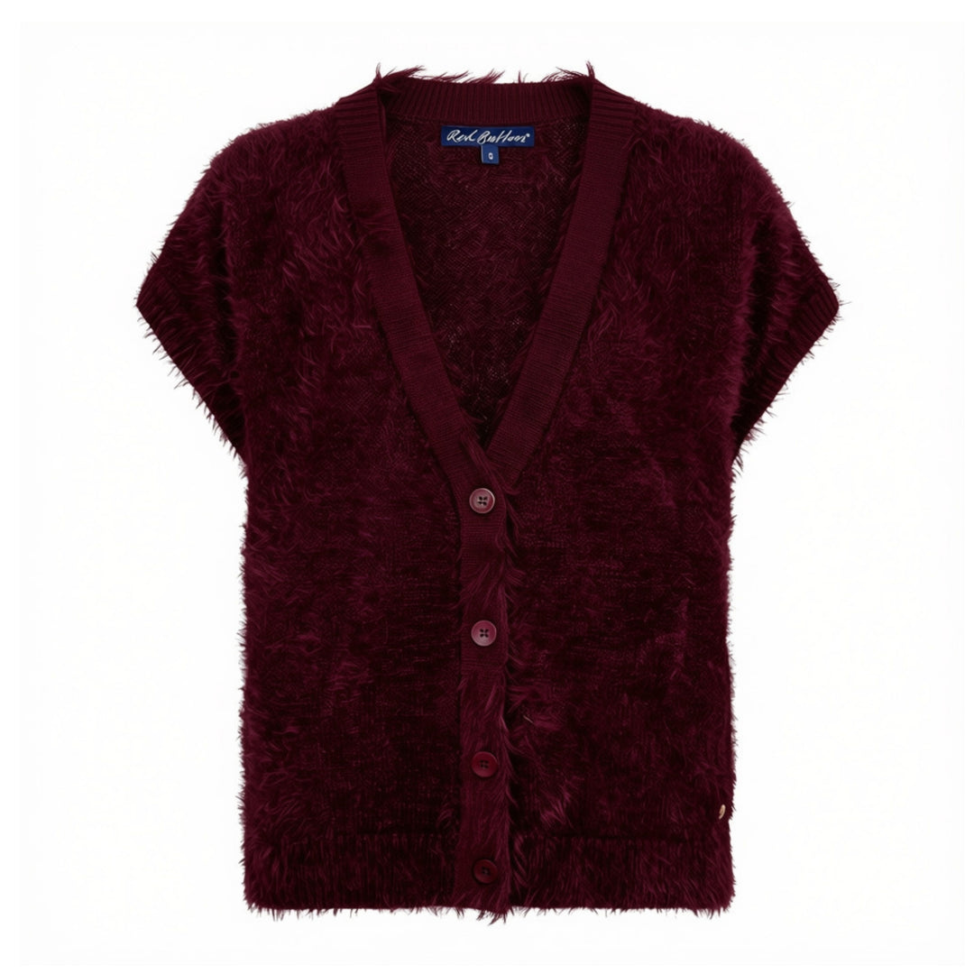 A burgundy fuzzy short-sleeve cardigan sweater with a V-neck and button closure, shown flat against a white background. The brand 'Red Button' is visible on the label.