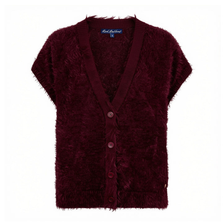 A burgundy fuzzy short-sleeve cardigan sweater with a V-neck and button closure, shown flat against a white background. The brand 'Red Button' is visible on the label.