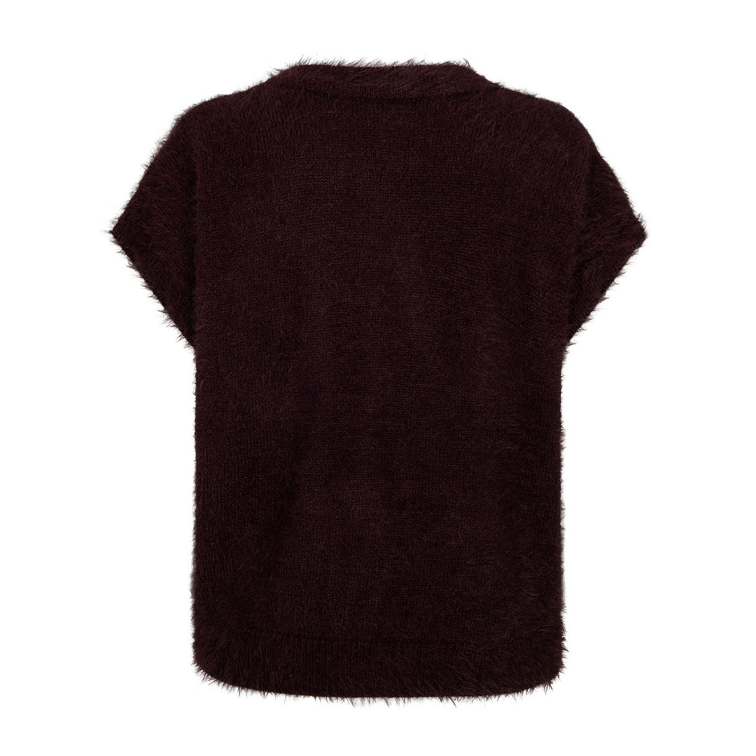 A dark brown fuzzy short-sleeve top shown from the back on a plain white background.