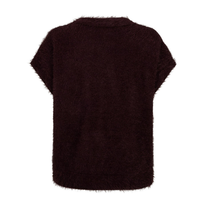 A dark brown fuzzy short-sleeve top shown from the back on a plain white background.