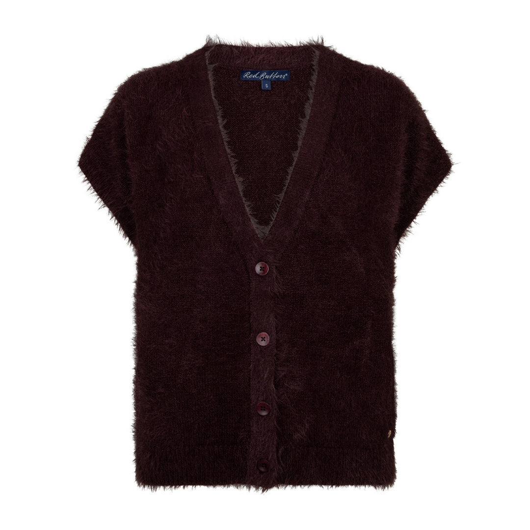 A dark brown fuzzy knit cardigan vest with short sleeves, a V-neck, and front buttons, shown on a plain white background.