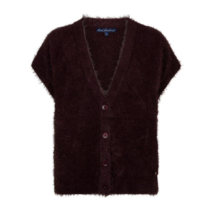 A dark brown fuzzy knit cardigan vest with short sleeves, a V-neck, and front buttons, shown on a plain white background.