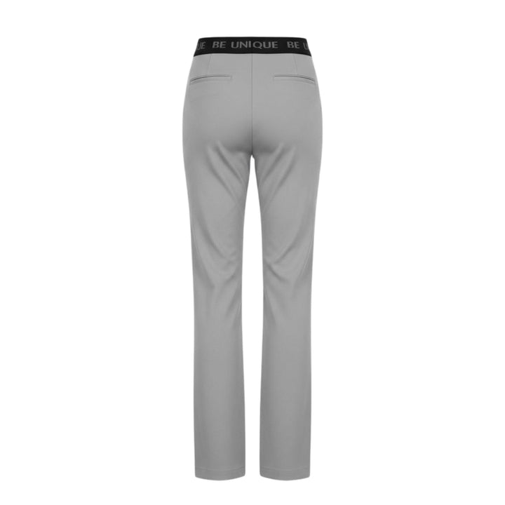 Gray pants with a black waistband on a white background