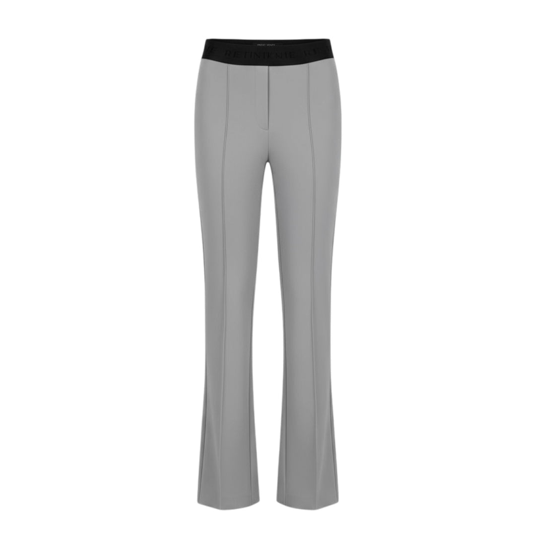 Gray pants with a black waistband on a white background