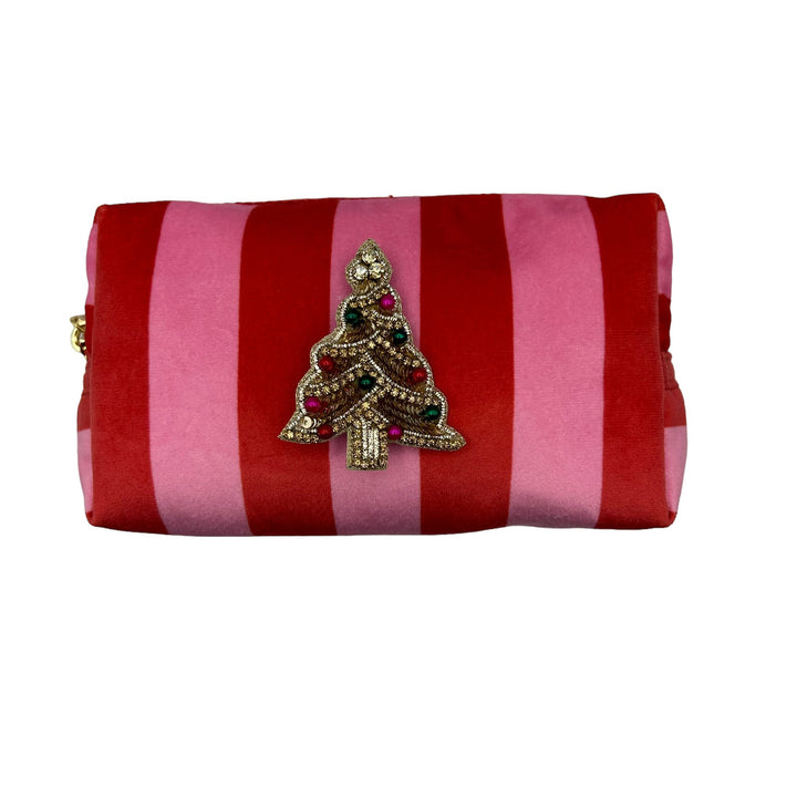 Sixton London Small Pink Stripe Make-Up Bag with Christmas Tree Pin