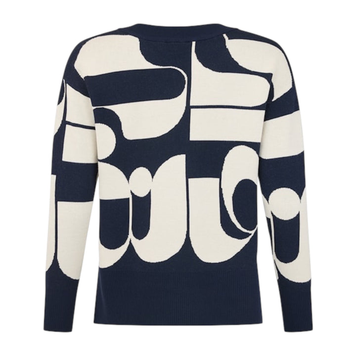 Navy sweater with abstract white pattern on a white background
