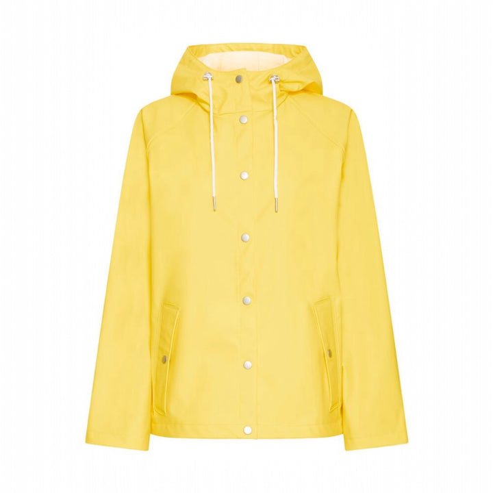 Yellow raincoat with white buttons on a white background
