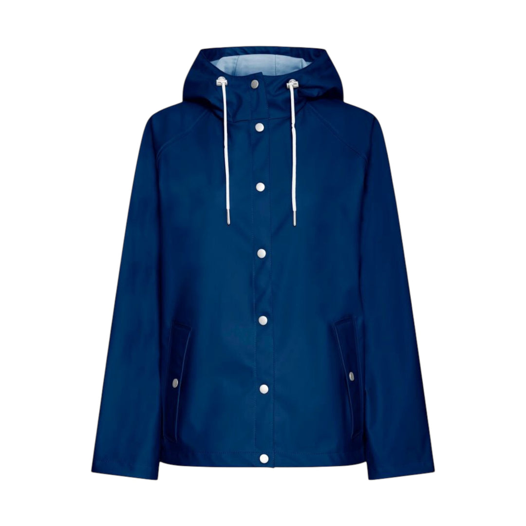 Blue raincoat with white buttons on a white background