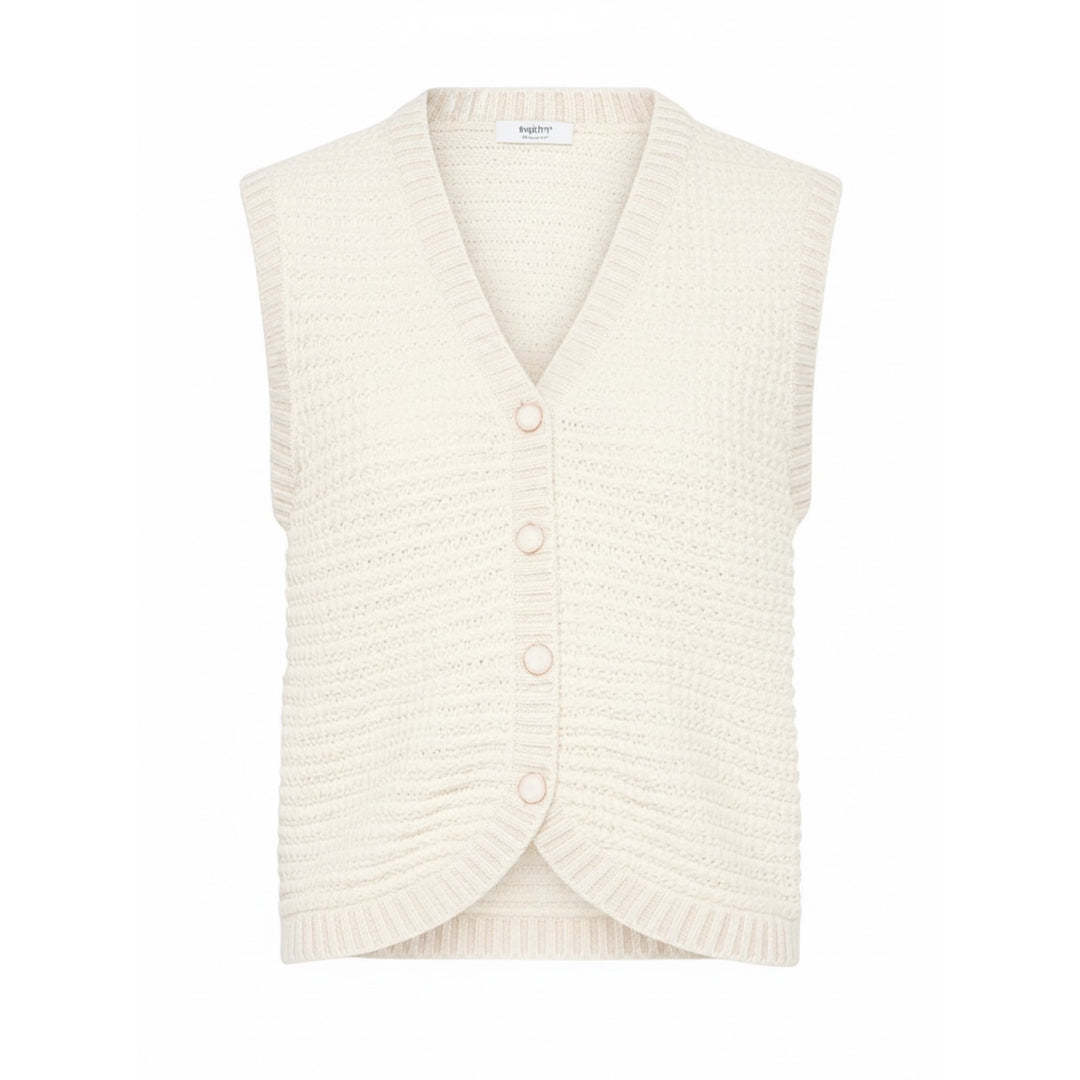 Cream-colored knitted vest on a white background