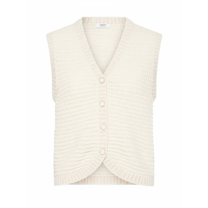 Cream-colored knitted vest on a white background