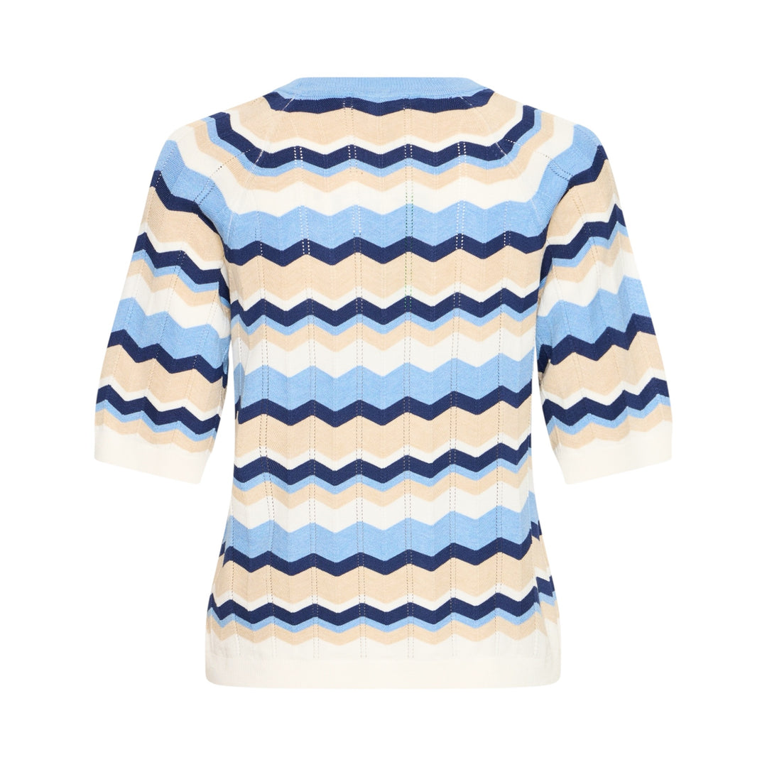 Striped sweater with blue, beige, and white pattern on a white background